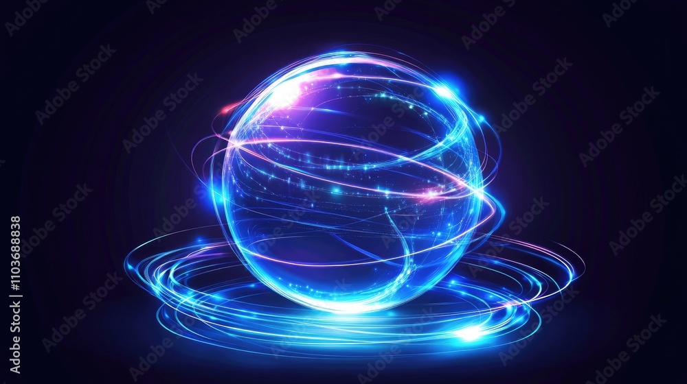 A stylized globe surrounded by swirling light trails symbolizing connectivity; minimalist, neon gradients, black and blue background, elegant composition A stylized globe surrounded by swirling light trails symbolizing connectivity; minimalist, neon gradients, black and blue background, elegant composition