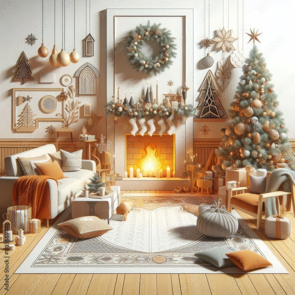 Fototapeta premium cozy room with a fireplace and a christmas tree