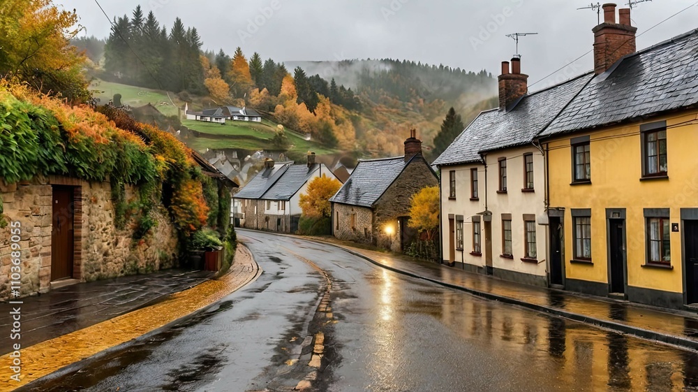 Obraz premium An autumn landscape with a carpet of bright golden fallen leaves and the reflection of trees in calm water. A cozy and tranquil atmosphere of nature's harmony.