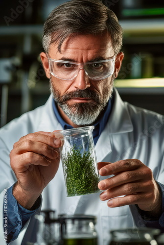 Scientist examining plant-derived polymer sample in sterile lab, sustainable materials concept