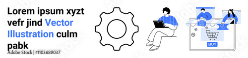 Gear icon, person using laptop, online shopping scene with cart and BUY button, placeholder text. Ideal for technology, e-commerce, website development, online marketing, digital business solutions