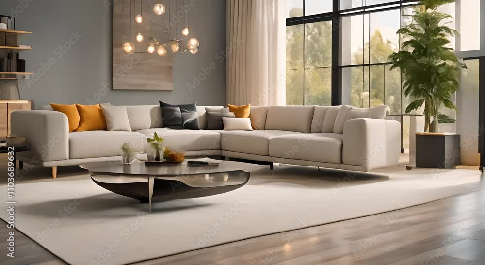This contemporary living room features a plush sofa and stylish decor highlighting advanced technology and an open layout leading to a dining area bathed in natural light 4K This contemporary living room features a plush sofa and stylish decor highlighting advanced technology and an open layout leading to a dining area bathed in natural light 4K