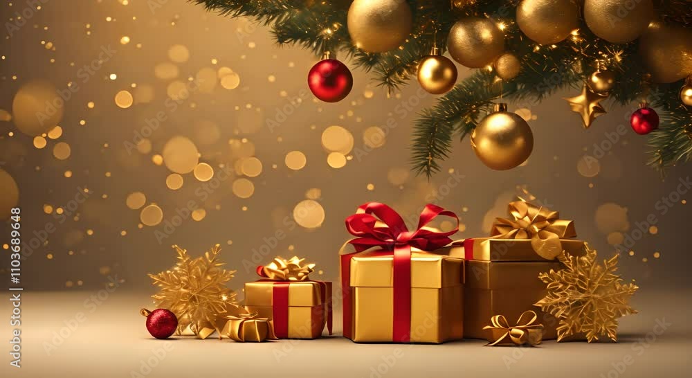 Three Christmas gifts and decorations under tree branches on golden background Winter seasonal loop animation for advertisement 4K Three Christmas gifts and decorations under tree branches on golden background Winter seasonal loop animation for advertisement 4K
