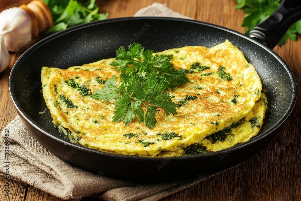 Nettle omelet in a skillet on a wood table Nettle omelet in a skillet on a wood table