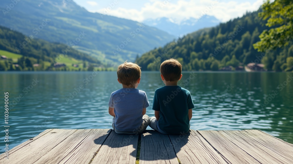 Children sitting on a dock enjoying a serene lake view surrounded by lush mountains on a sunny day Children sitting on a dock enjoying a serene lake view surrounded by lush mountains on a sunny day