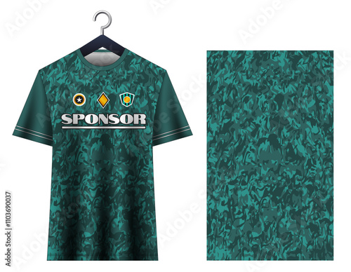 Green soccer jersey, Football shirt. Camo soccer jersey, Abstract soccer jersey, Modern sports jersey. Dynamic football kit, Sporty apparel, Athlete wear.