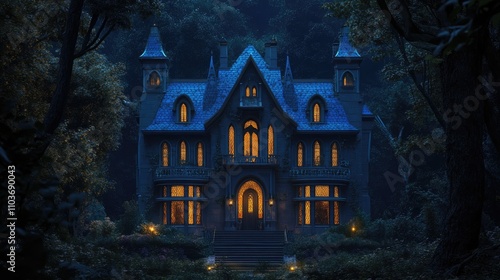 Gothic mansion illuminated at night, featuring large blue glass windows and surrounded by a dense, mysterious forest, creating a whimsical atmosphere.