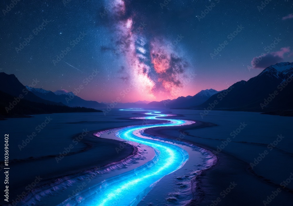 Fototapeta premium Starlit river winding through serene mountains during a vibrant night sky