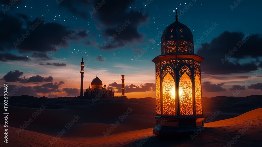 Illuminated lantern near a mosque in the desert at night. Illuminated lantern near a mosque in the desert at night.