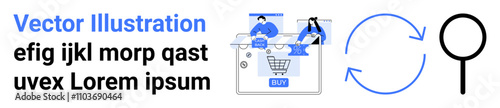 People online shopping on a laptop with a shopping cart and buy button, circular arrows indicating a process, and a magnifying glass symbolizing search and examination. Ideal for e-commerce, user