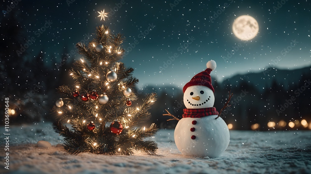 Obraz premium Frosty snowman standing beside a decorated pine tree under a moonlit, snowy sky.