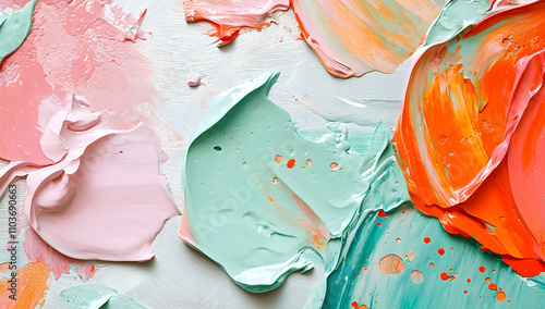 Fototapeta Naklejka Na Ścianę i Meble -  An abstract oil painting featuring mint green, pink, and orange shapes on an ombre background, captured in close-up. 