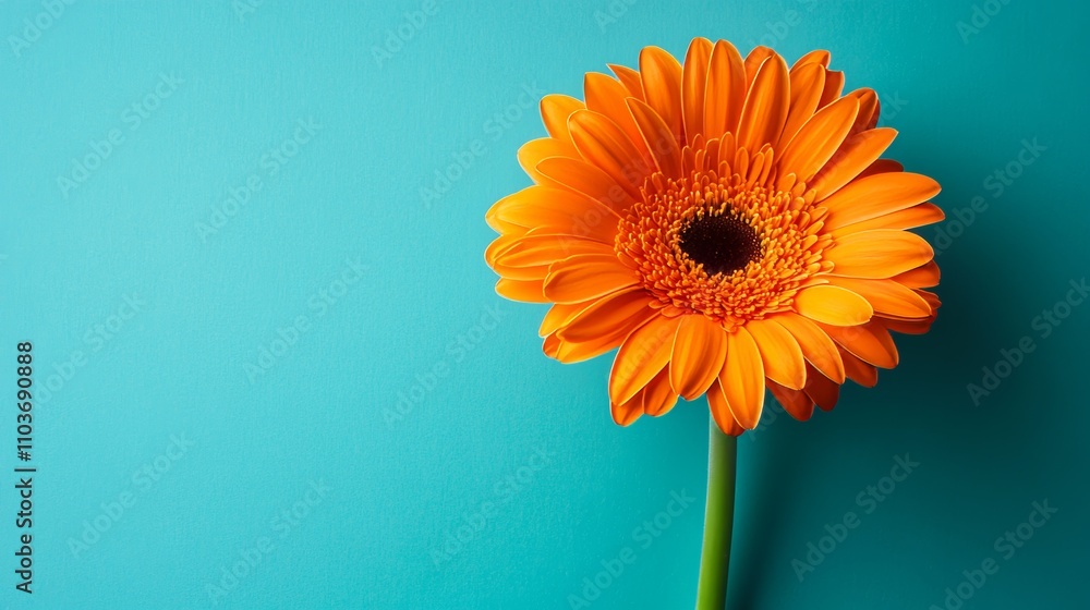 A bright orange gerbera daisy against a cool teal background, close-up shot, Minimalist style