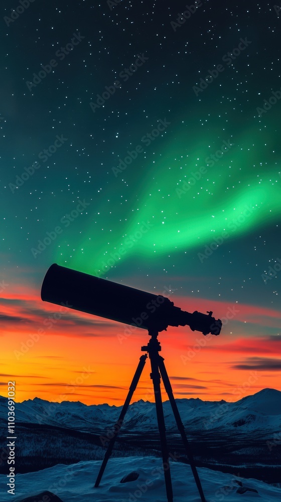 Stunning Perspective of a Telescope Overlooking a Vibrant Aurora and Majestic Mountains at Twilight Stunning Perspective of a Telescope Overlooking a Vibrant Aurora and Majestic Mountains at Twilight
