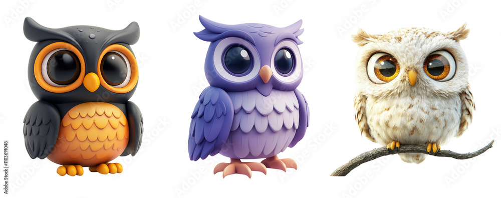 Fototapeta premium Cute Cartoon Owls on Transparent Background