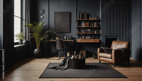 Living room; cabinet interior with large windows with sofa in modern style in dark tones; black walls for man photo