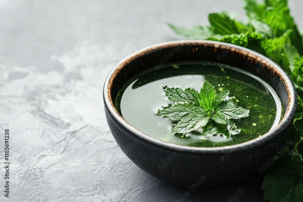 Nettle soup representing nutritious cuisine on a gray textured surface Nettle soup representing nutritious cuisine on a gray textured surface