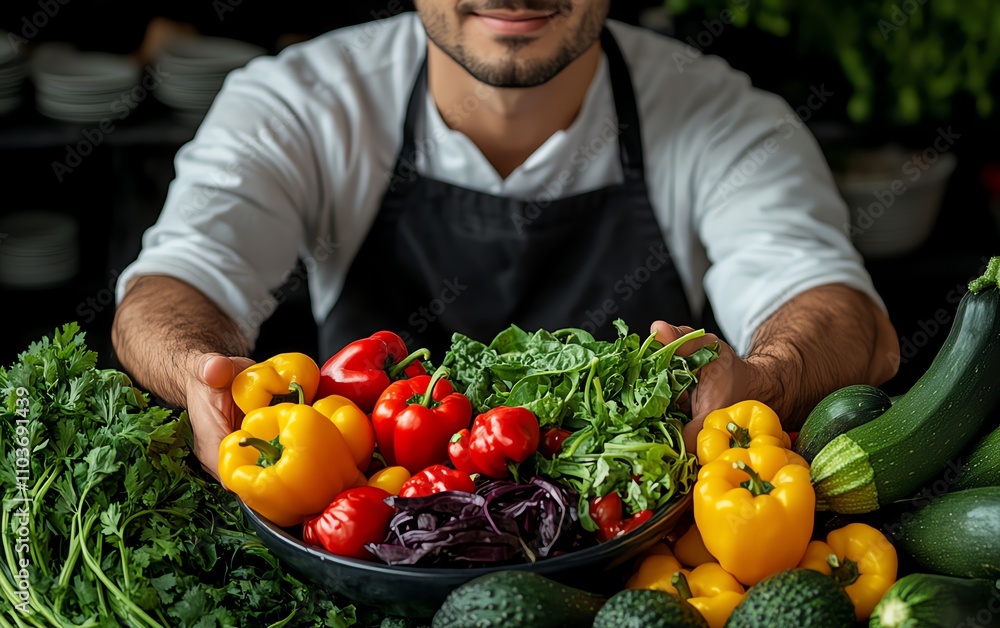 Friendly doctor offering a bowl of vibrant vegetables like peppers and zucchini, radiating the message of healthy eating for wellbeing Friendly doctor offering a bowl of vibrant vegetables like peppers and zucchini, radiating the message of healthy eating for wellbeing