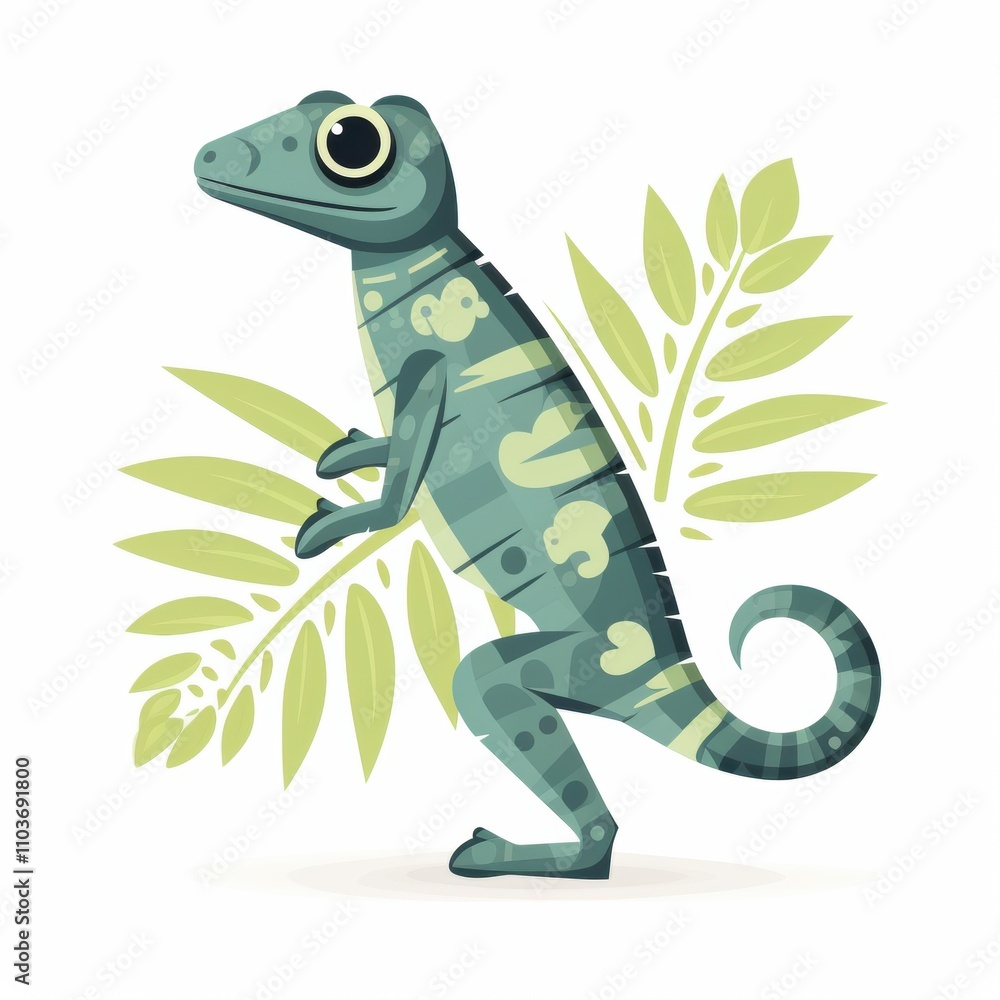 Fototapeta premium Colorful Cartoon Chameleon Among Tropical Greenery, Vibrant Illustration of a Reptile Surrounded by Leafy Plants, Ideal for Nature and Animal Themes