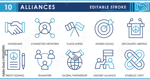 A set of line icons related to Alliances. Handshake, networking, flags united, shared goals, diplomatic relations, treaty, and so on. Vector editable stroke.