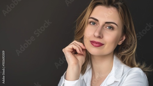 skin care. Beautiful woman touching healthy facial skin portrait. Beautiful smiling Asian girl model with natural makeup, close-up on blue background, touching glowing hydrated skin