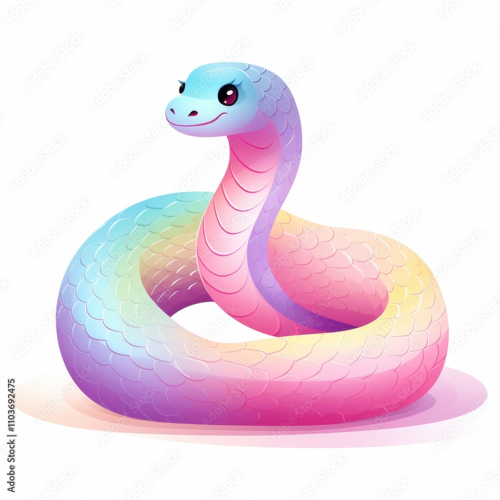 Fototapeta premium Colorful Cartoon Snake Design Featuring a Playful Expression and Soft Gradient Scales, Perfect for Children’s Illustrations, Educational Material, or Fun Artistic Projects