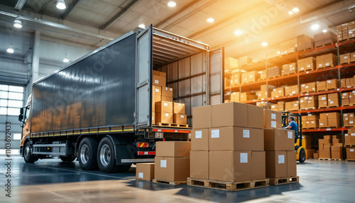 Wallpaper Mural A semi truck at a warehouse, forklift loading boxes, organized and efficient setting. Torontodigital.ca