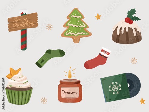 set of Christmas illustrations on a light background, featuring a Merry Christmas sign, holiday treats, socks, a candle, and seasonal decor like stars and snowflakes.