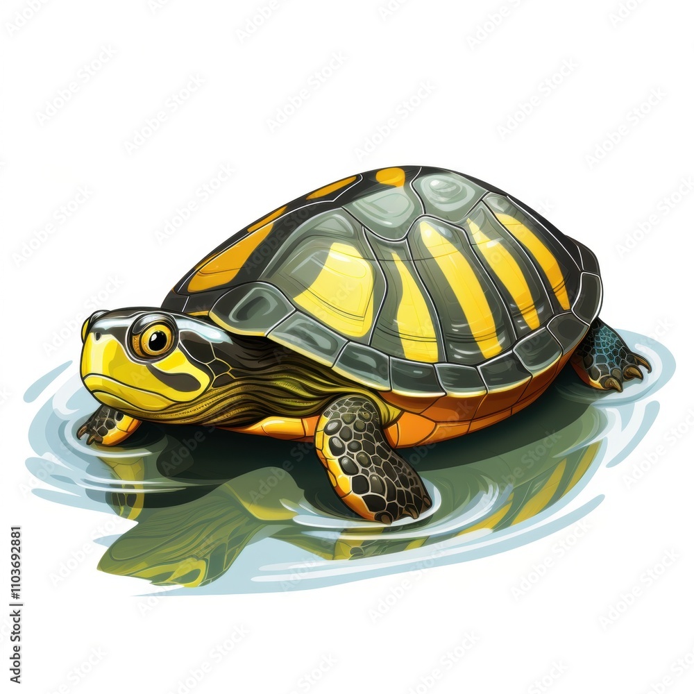 Vibrant and Colorful Turtle in Water with Reflection, Showcasing Bold Patterns and Intricate Details of Shell and Skin, Perfect for Nature and Wildlife Themes Vibrant and Colorful Turtle in Water with Reflection, Showcasing Bold Patterns and Intricate Details of Shell and Skin, Perfect for Nature and Wildlife Themes