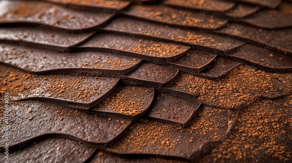 Elegantly arranged layers of dark chocolate topped with a dusting of cocoa powder, creating a visually rich and alluring confectionery presentation. Elegantly arranged layers of dark chocolate topped with a dusting of cocoa powder, creating a visually rich and alluring confectionery presentation.