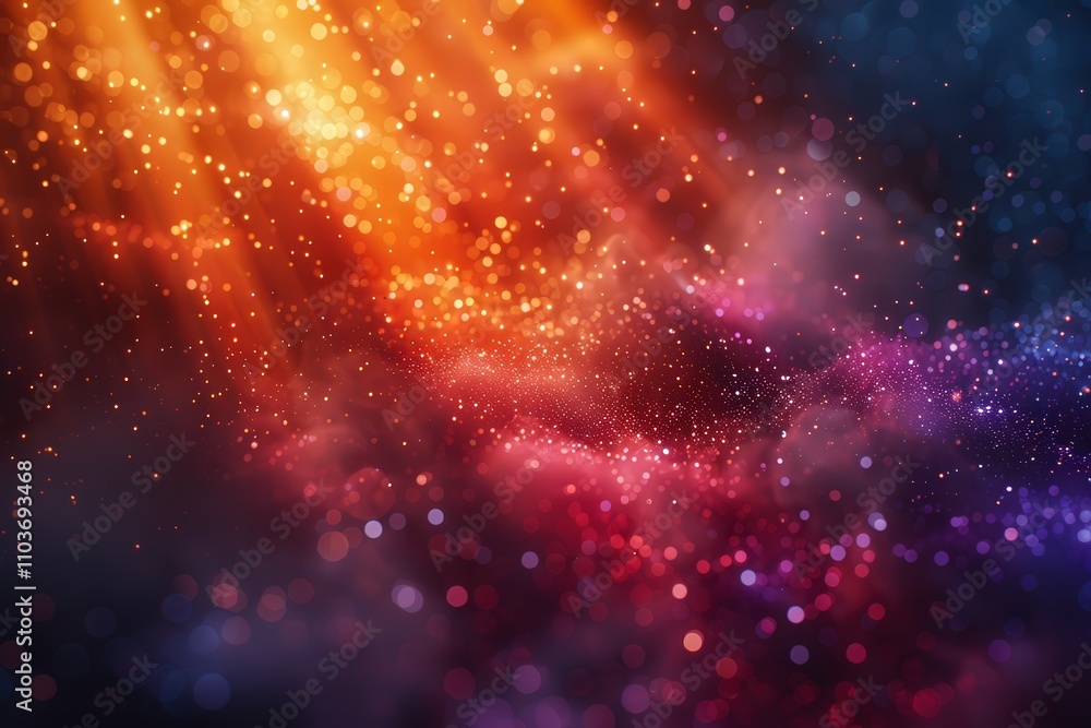 Naklejka premium Vibrant Cosmic Light Burst with Glowing Particles in Orange and Blue Nebula-Like Atmosphere Creating a Dreamy Galaxy Effect cosmic
