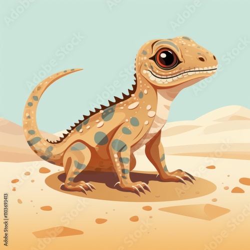 Colorful cartoon illustration of a playful lizard basking in the sun on a sandy desert landscape, showcasing vibrant patterns and charming expression, perfect for nature-themed projects. photo