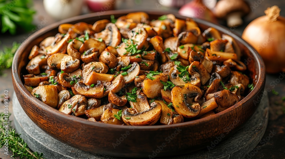 A dish of perfectly sautéed mushrooms, richly browned and garnished with fresh herbs, showcasing a savory appeal and delightful culinary presentation. A dish of perfectly sautéed mushrooms, richly browned and garnished with fresh herbs, showcasing a savory appeal and delightful culinary presentation.