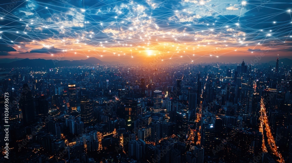 Fototapeta premium Visualize the invisible networks that connect a smart city, weaving a web of digital connectivity.