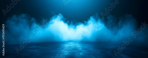 Abstract technology background with blue light and fog on a dark floor, empty space for product presentation or showcase