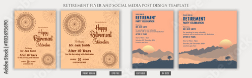 Retirement poster. Retirement party celebration invitation set, social media post design squire, a4 layout, boho, bohemian, congratulations wish, balloons, vintage flyer, print ready eps templates.