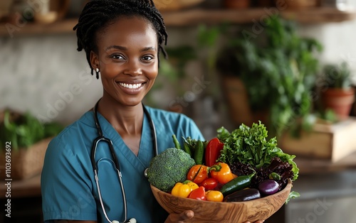 Smiling healthcare worker showcasing a wooden bowl of rainbowcolored vegetables, promoting healthy eating and vitality photo