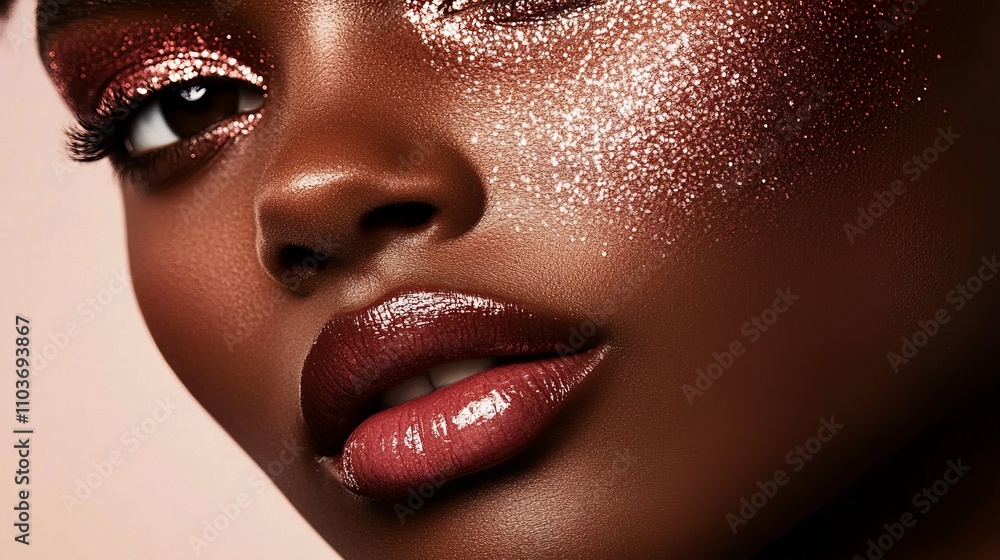 Obraz premium Artistic photograph showcasing a model's cheek covered in shimmering glitter makeup, emphasizing vibrant colors, intricate textures, and expressive features artfully.