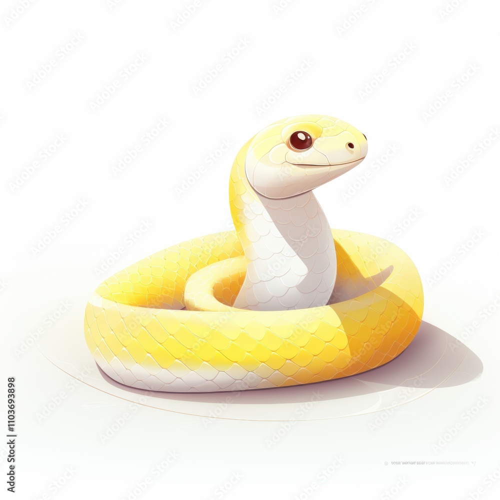Fototapeta premium Cute Cartoon Yellow Snake with Friendly Expression on a White Background, Ideal for Children's Illustrations and Educational Materials