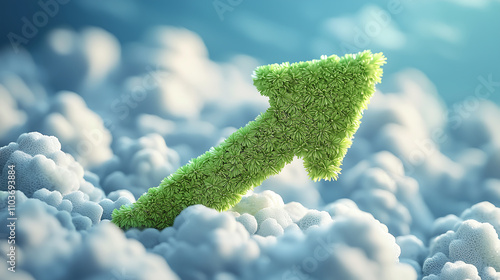 vibrant green arrow textured like lush foliage ascends through a soft ethereal cloud landscape symbolizing growth and environmental progress

 photo