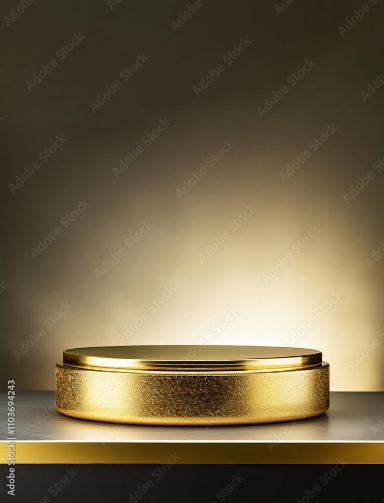A minimalist setting, A sleek circular platform with a metallic gold, advertising A minimalist setting, A sleek circular platform with a metallic gold, advertising