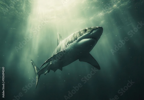 Wallpaper Mural Majestic Great White Shark Gliding Through Ocean Depths with Sunlight Filtering Beautifully Through Turbulent Water Surface Torontodigital.ca