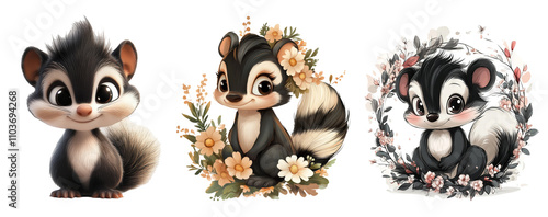 Cute Cartoon Skunks with Floral Elements photo