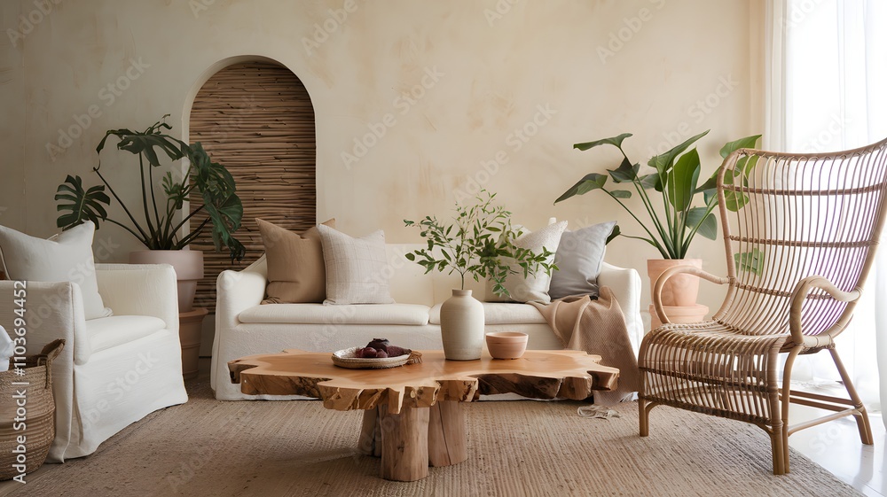 Obraz premium A cozy minimalist living room with natural tones and modern decor.