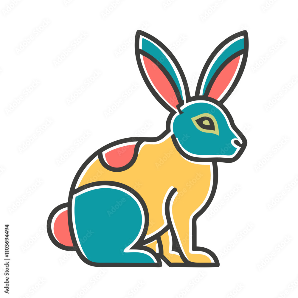 Fototapeta premium Good icon. Vibrant rabbit illustration, playful mood, sitting pose, colorful design, cartoon style, copy space