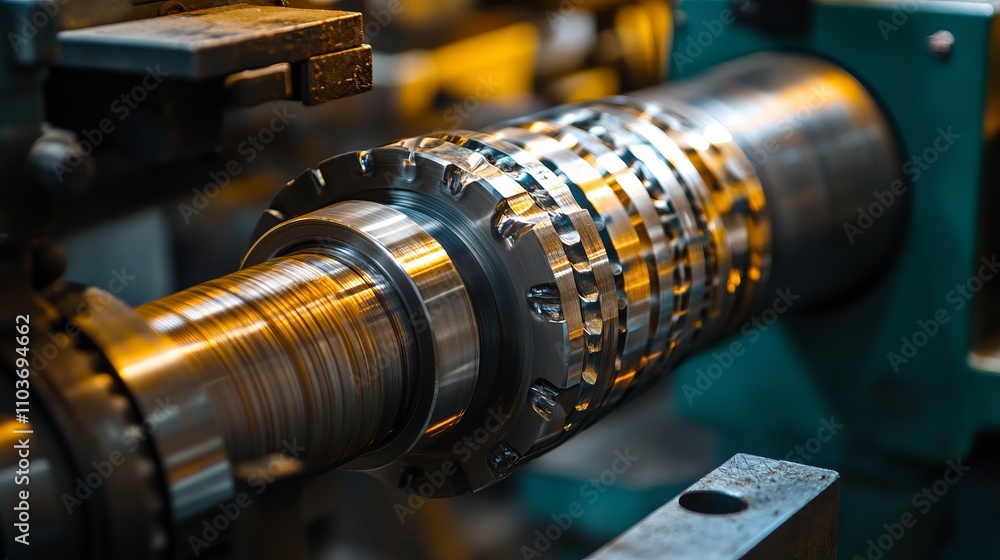 Obraz premium A detailed close-up of complex metal machinery with shining gears in a workshop setting, illustrating the intricacy and precision of modern engineering.