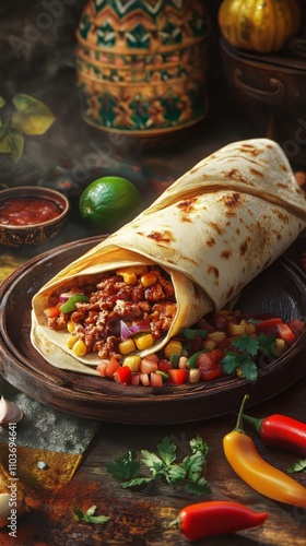 Wallpaper Mural Mexican food creative background for menu and restaurant. typical latin dishes in mexico. tortilla, burrito, chilli con carne, chilli, pepper, tomatoes, and tomato sauce. food menu, copy space design Torontodigital.ca