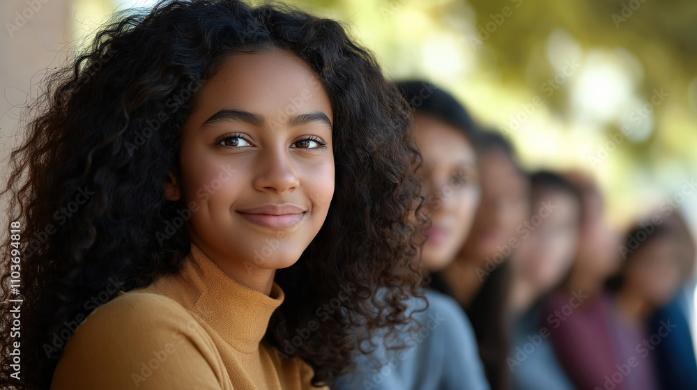 Confident young student smiling outdoors with classmates Confident young student smiling outdoors with classmates