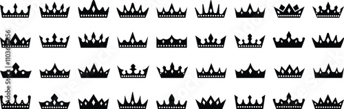 Vector king and queen crowns black icon on white background. Emblem and Royal symbols. Crown icons set. Royals crown symbol silhouette. Set of black crown icons collection. 