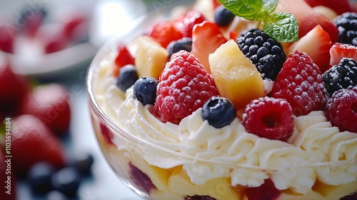 An elegant trifle layered with whipped cream and an assortment of fresh berries, showcasing vivid colors and a delightful harmony of sweet and tangy flavors. photo